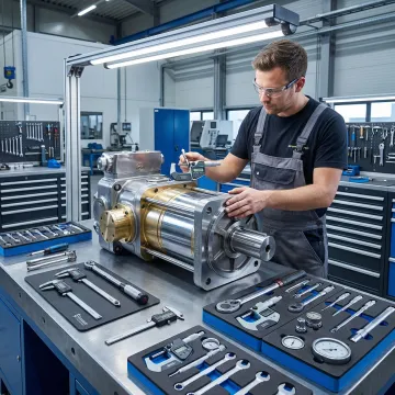 Hydraulic pump repair technician working on industrial pump components in a workshop