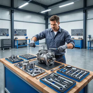 Hydraulic pump and motor components being inspected and repaired by a technician in Cleveland OH