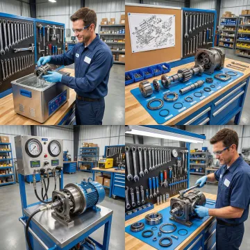 Step-by-step hydraulic pump rebuild process in a professional industrial repair facility