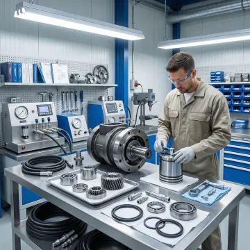 Hydraulic motor repair technician rebuilding a hydrostatic motor in a workshop in Pennsylvania