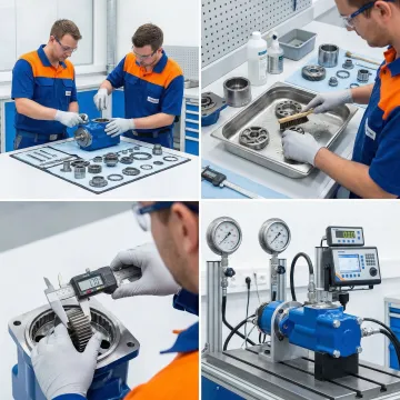 Step-by-step hydraulic motor rebuild process showing disassembly, cleaning, and testing stages