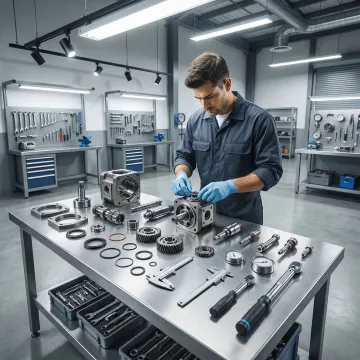 Hydraulic pump being repaired by a technician in a professional workshop