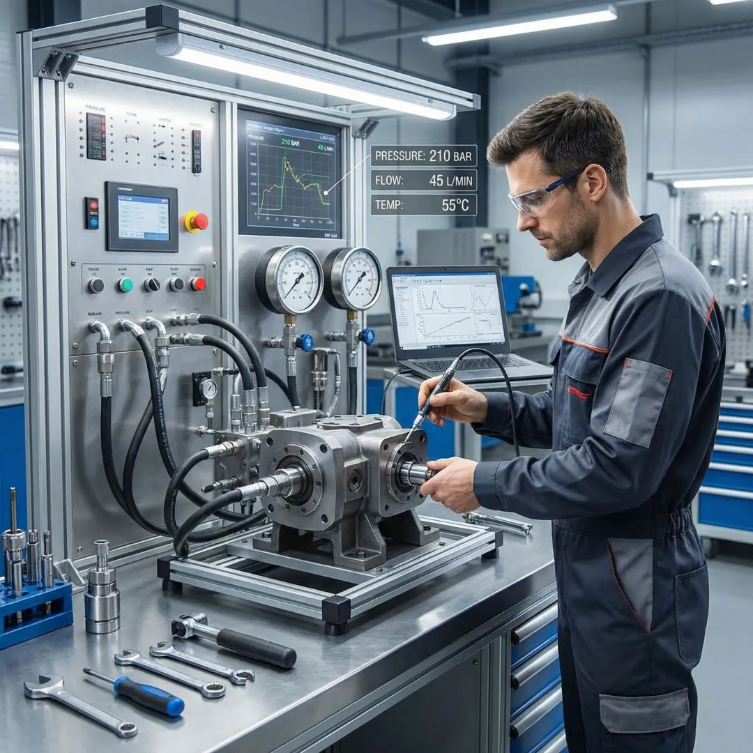 Hydraulic pump rebuild quality testing in a professional service facility