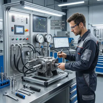 Hydraulic pump rebuild quality testing in a professional service facility