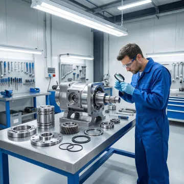 Technician repairing a hydraulic pump in a professional workshop in Minnesota