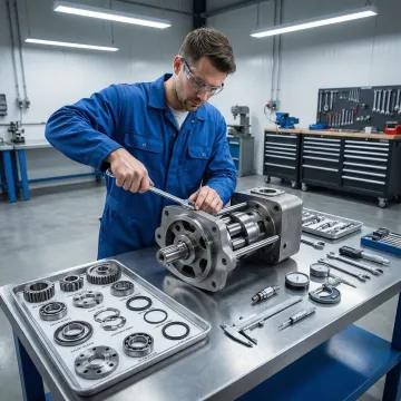 Technician repairing a hydraulic pump in a professional workshop setting