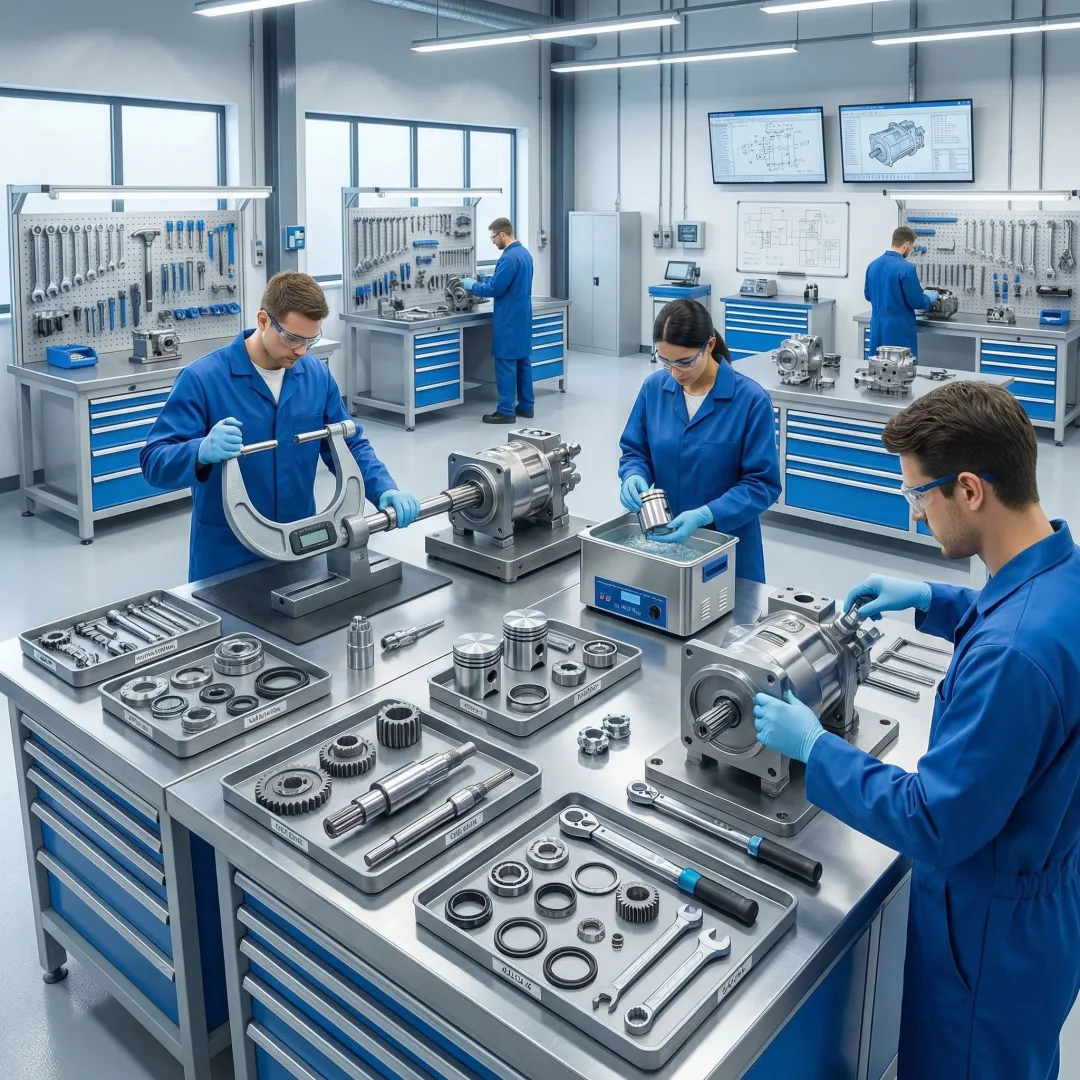 Step-by-step hydraulic pump rebuild process in a professional repair workshop