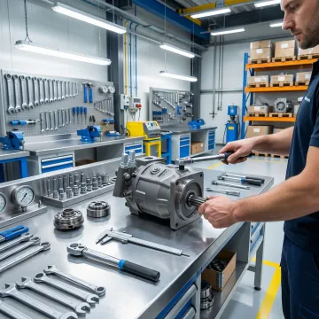 Hydraulic pump repair technician rebuilding a hydrostatic pump unit in a workshop