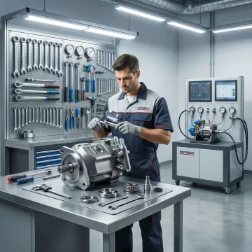 Hydraulic pump repair technician inspecting a hydrostatic pump unit in a workshop