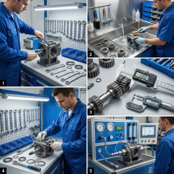 Step-by-step hydraulic pump rebuild process in a professional workshop