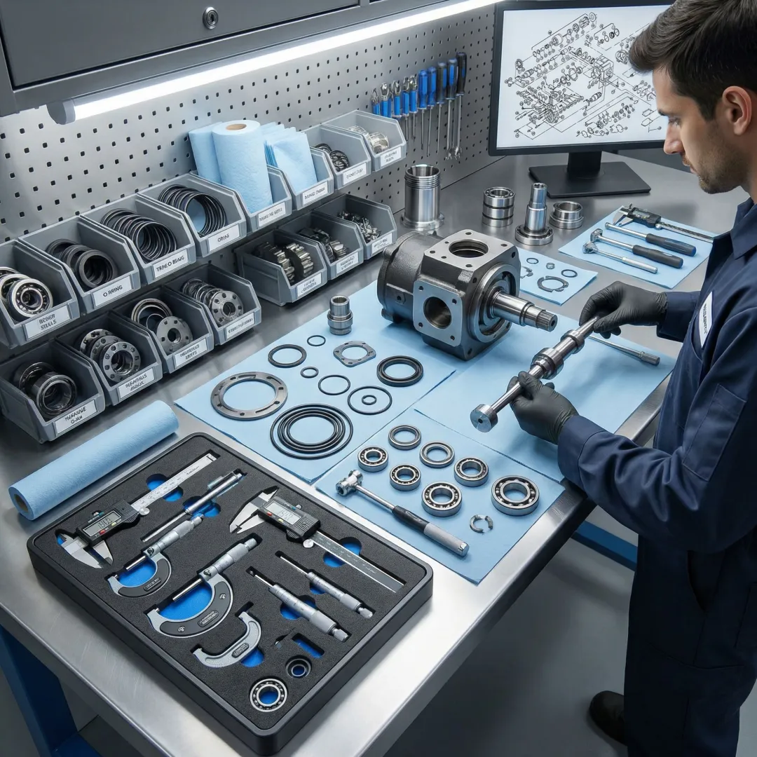 Step-by-step hydraulic pump rebuild process in a professional workshop