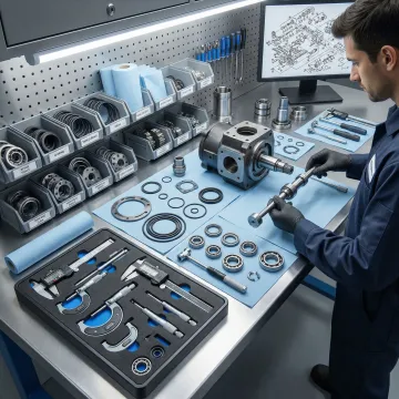 Step-by-step hydraulic pump rebuild process in a professional workshop