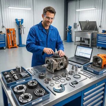 Hydraulic pump repair technician rebuilding a hydrostatic pump unit in a professional workshop