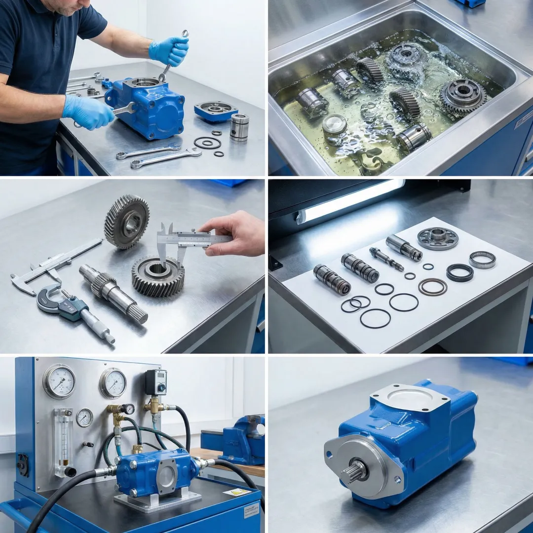 Step-by-step hydraulic pump rebuild process in a professional hydraulic service facility