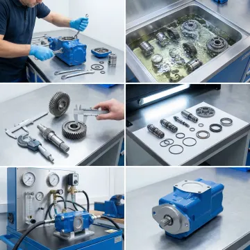 Step-by-step hydraulic pump rebuild process in a professional hydraulic service facility