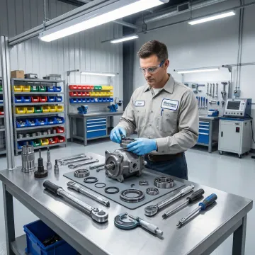 Hydraulic pump repair technician rebuilding a hydrostatic pump unit in Columbus OH