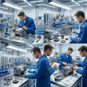 Step-by-step hydraulic pump rebuild process in a professional workshop