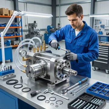 Industrial hydraulic pump being rebuilt by a technician in a workshop