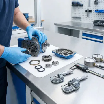 Step-by-step hydraulic pump rebuild process in a professional repair facility