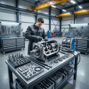 Hydraulic pump repair technician rebuilding a hydrostatic pump unit in a professional workshop