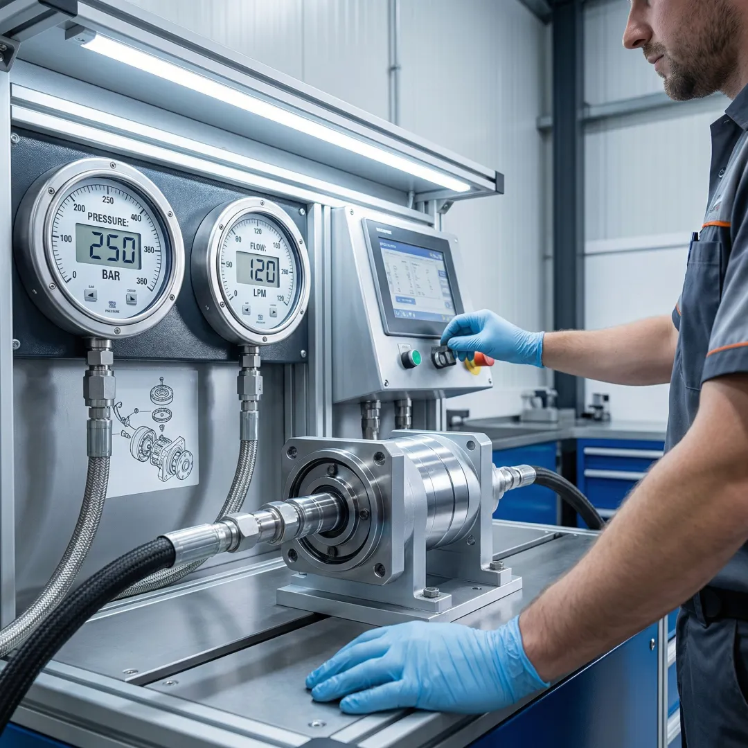 Technician testing a rebuilt hydraulic motor on a pressure and flow testing apparatus