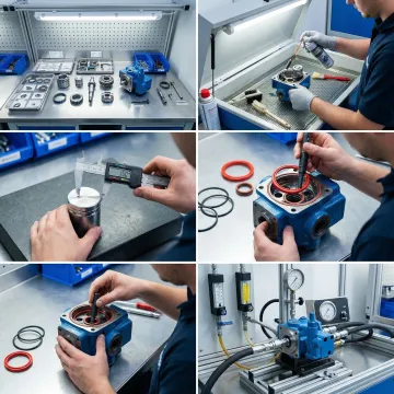 Step-by-step hydrostatic pump rebuild process in an industrial repair facility