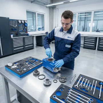 Industrial technician repairing a hydraulic pump in a workshop