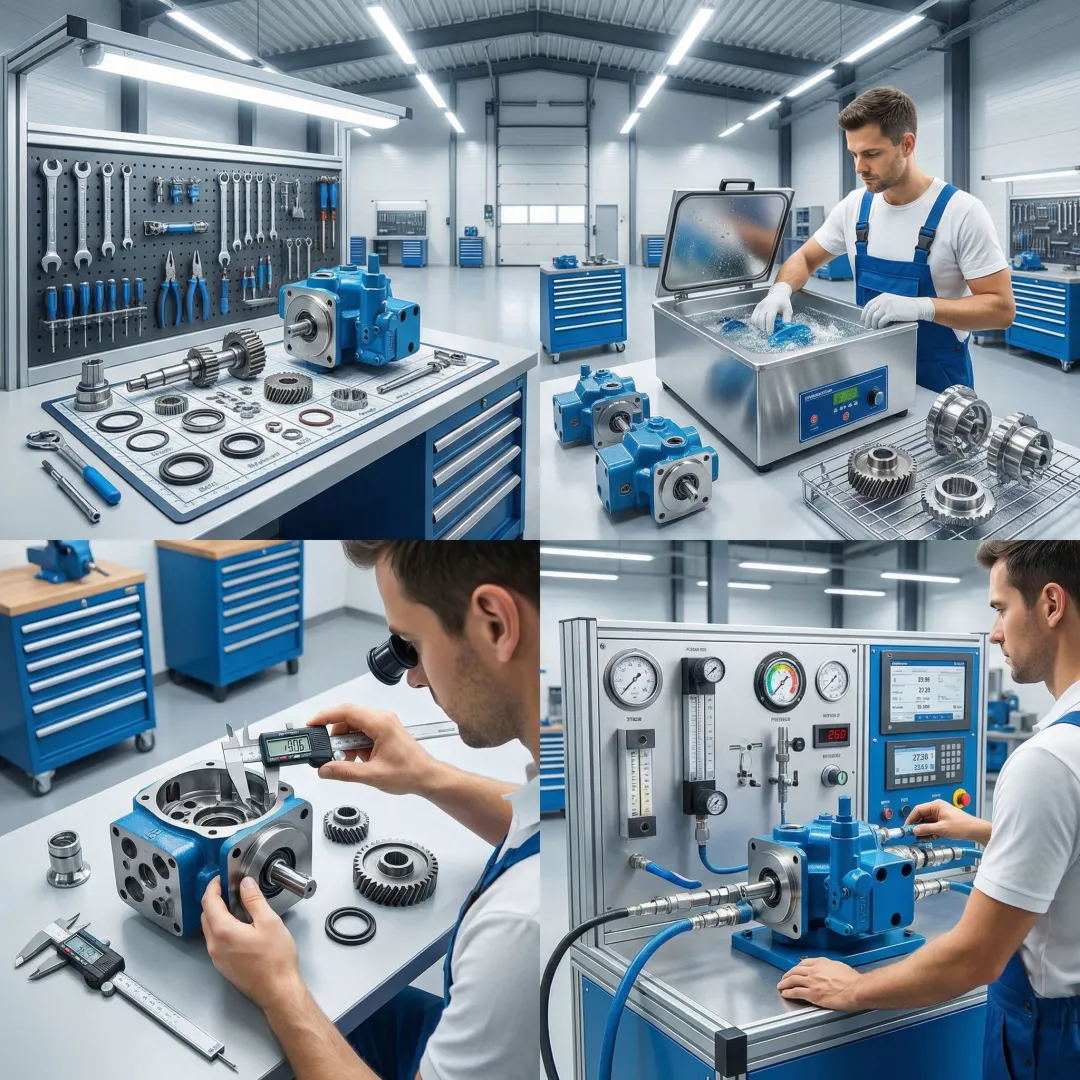 Hydraulic motor rebuild process steps in a professional repair facility