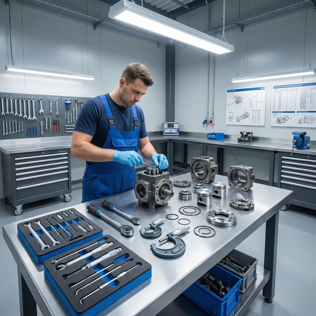 Technician rebuilding a hydrostatic pump according to manufacturer specifications in a clean industrial workshop