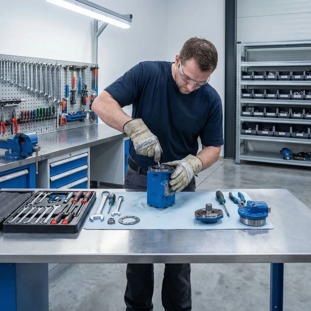 Technician rebuilding a hydrostatic transmission pump in a professional repair facility