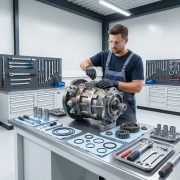 Hydraulic motor being disassembled and rebuilt by a technician in a professional repair facility