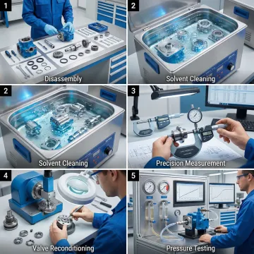 Step-by-step hydraulic motor rebuild process in a professional industrial workshop