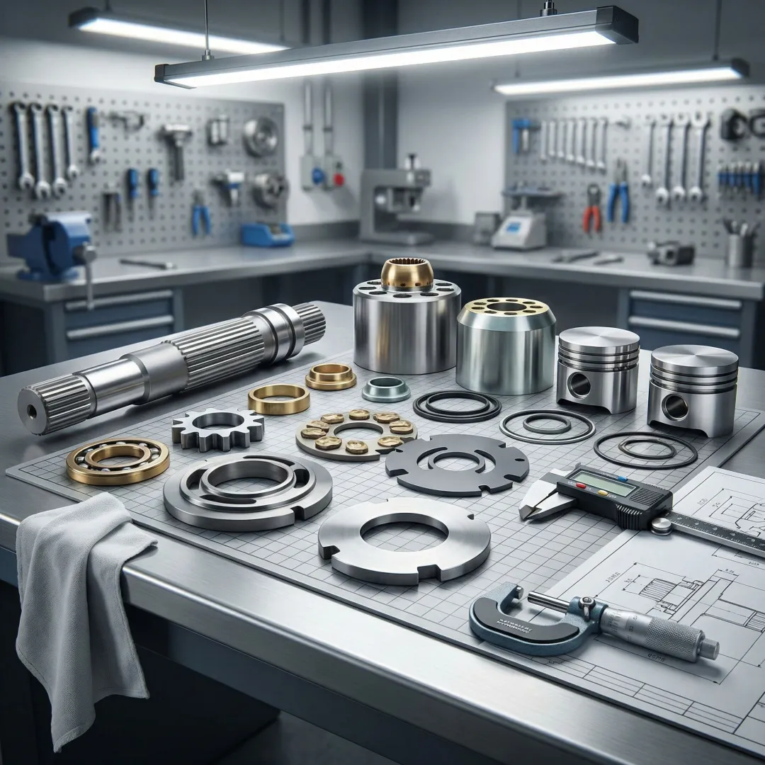 Hydraulic pump components laid out for inspection and rebuilding
