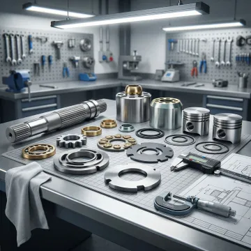 Hydraulic pump components laid out for inspection and rebuilding