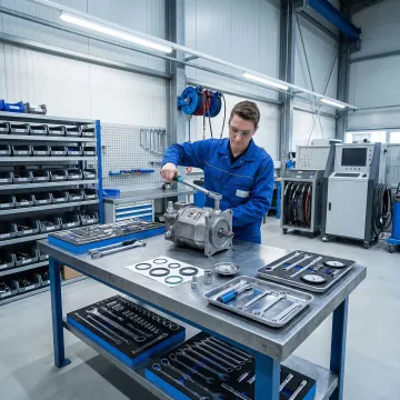 Technician rebuilding a hydraulic pump in a professional repair facility