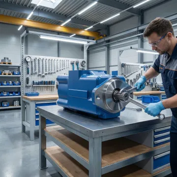 Technician rebuilding a hydraulic pump in a professional workshop