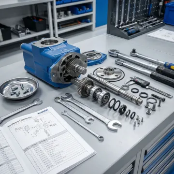 Hydraulic pump and hydrostatic motor components laid out on a workbench for professional rebuild service