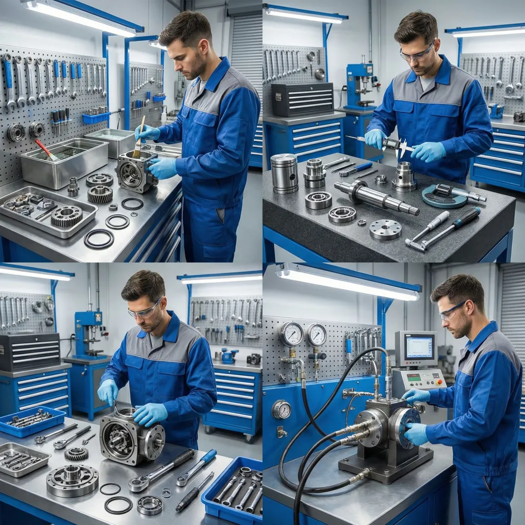 Hydraulic pump rebuild process steps in an industrial service facility