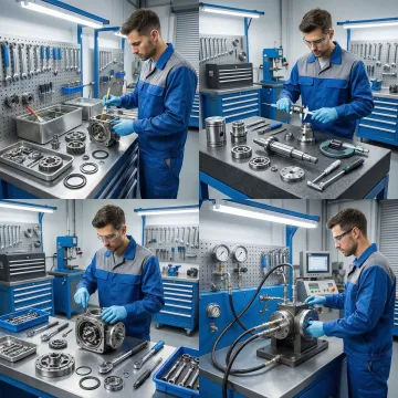 Hydraulic pump rebuild process steps in an industrial service facility