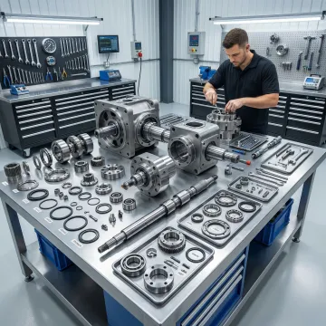 Technician rebuilding a hydraulic pump in a professional workshop