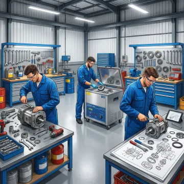 Step-by-step hydrostatic pump rebuild process in an industrial workshop
