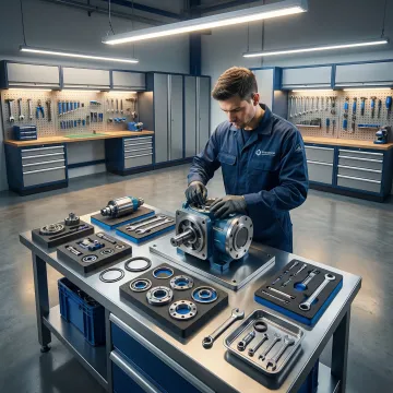 Technician rebuilding a hydrostatic pump in a professional repair facility