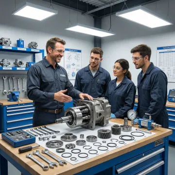 Hydraulic pump repair training session with a technician demonstrating disassembly techniques