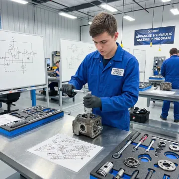 Technician trainee rebuilding a hydrostatic pump under expert supervision in a workshop