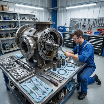 Hydraulic pump repair technician rebuilding a hydrostatic pump in a professional shop