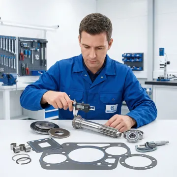 Hydrostatic final drive components laid out for inspection and rebuild in a clean workshop