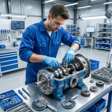Technician rebuilding a hydrostatic transmission pump in a professional workshop