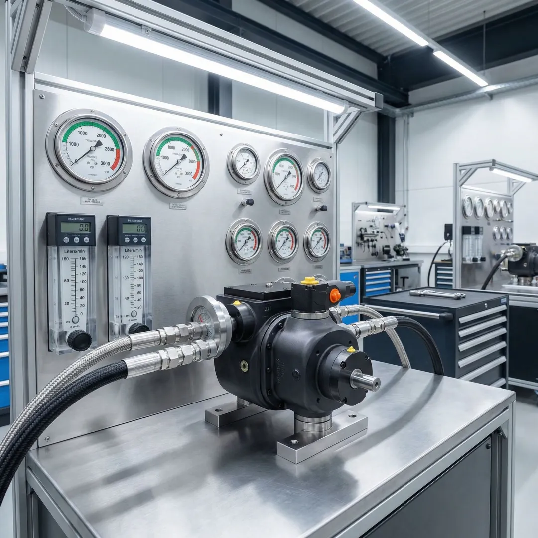 Hydrostatic pump being tested on a hydraulic test stand in a workshop