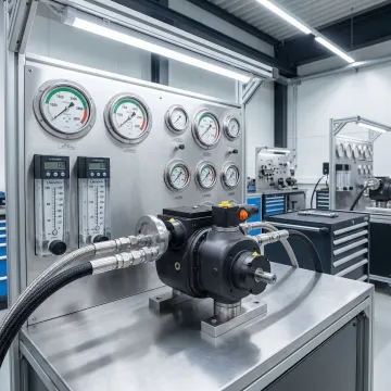 Hydrostatic pump being tested on a hydraulic test stand in a workshop