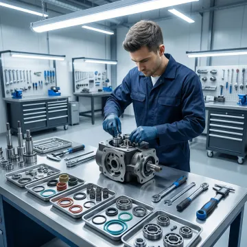 Hydraulic pump and motor components being inspected and repaired in a professional workshop